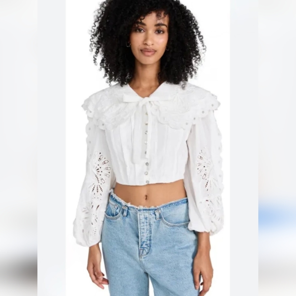 FARM RIO Richelieu Big Collar Off White Battenberg Lace Blouse M RARE SRP $240 - Picture 3 of 16